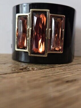 Vintage Black Metal Hinged Cuff From Neiman Marcus- Faceted Art Deco Pink Stones